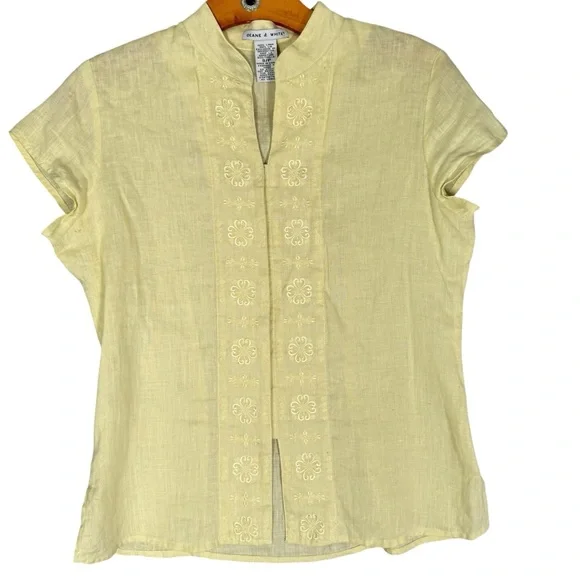 Deane + White 100% Linen Butter Yellow Short Sleeve Embroidered Top Cottagecore - Picture 1 of 7